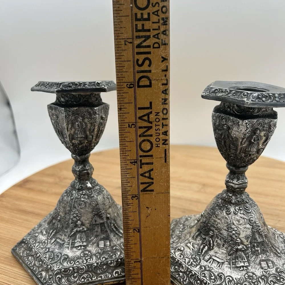 VINTAGE JB JENNINGS BROTHERS CANDLE HOLDER Set ART NOUVEAU PASTORAL SCENE MARKED
